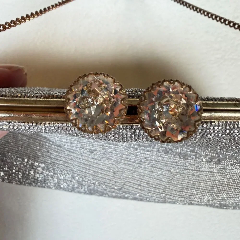 Vintage Made in France Silver Beaded Evening Bag Rhinestone Kiss Lock Purse